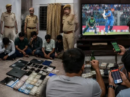 जयपुर प्रताप नगर में भारत-आयरलैंड मैच पर ऑनलाइन सट्टा पकड़ती पुलिस